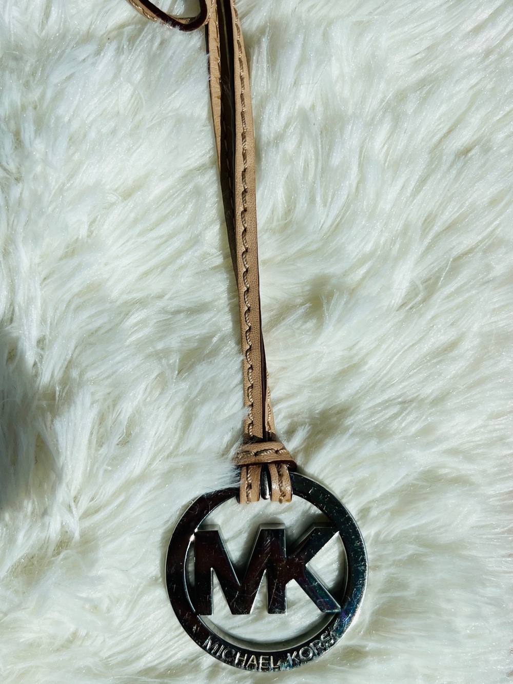 Michael Kors Tan Leather Strap Keychain with Silver MK Logo Charm